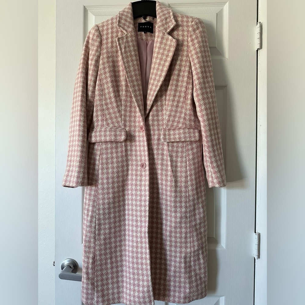 Elegant vintage Wool Pink Houndstooth Women's Coat